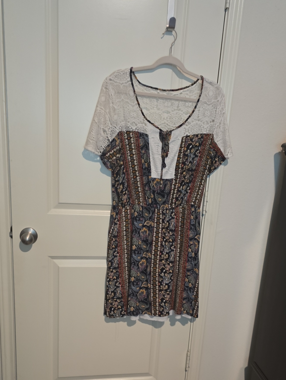 Boho Lace Yoke Short Dress in Navy and Rust